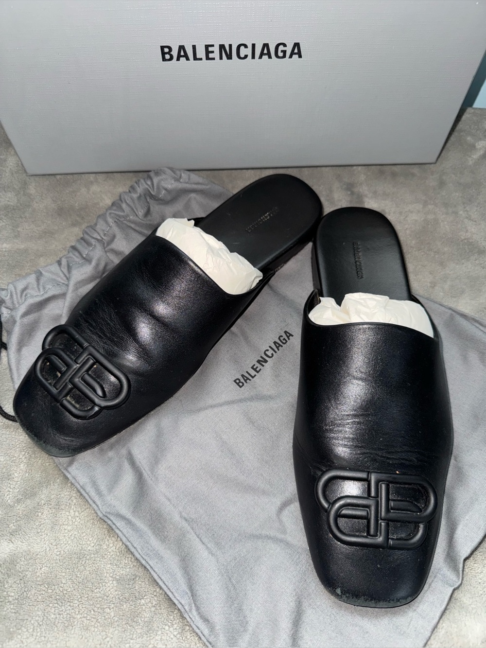 Balenciaga Cosy BB Flat Carrera Leather Mules | Black | Box & Dust Bag | 37/7